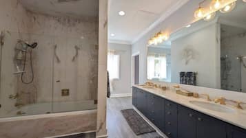 Shower, hair dryer, shampoo