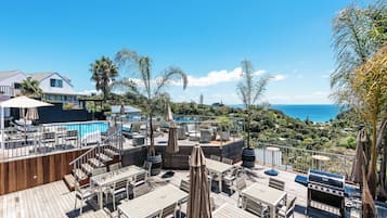 Outdoor pool, pool umbrellas, pool loungers