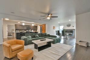 Smart TV, fireplace, books