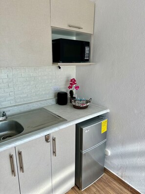 ثلاجة، ميكروويف، موقد طهي مسطح، ماكينة لصنع القهوة/الشاي