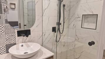 Hair dryer, towels, soap, toilet paper