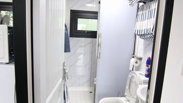 Shower, hair dryer, towels, soap