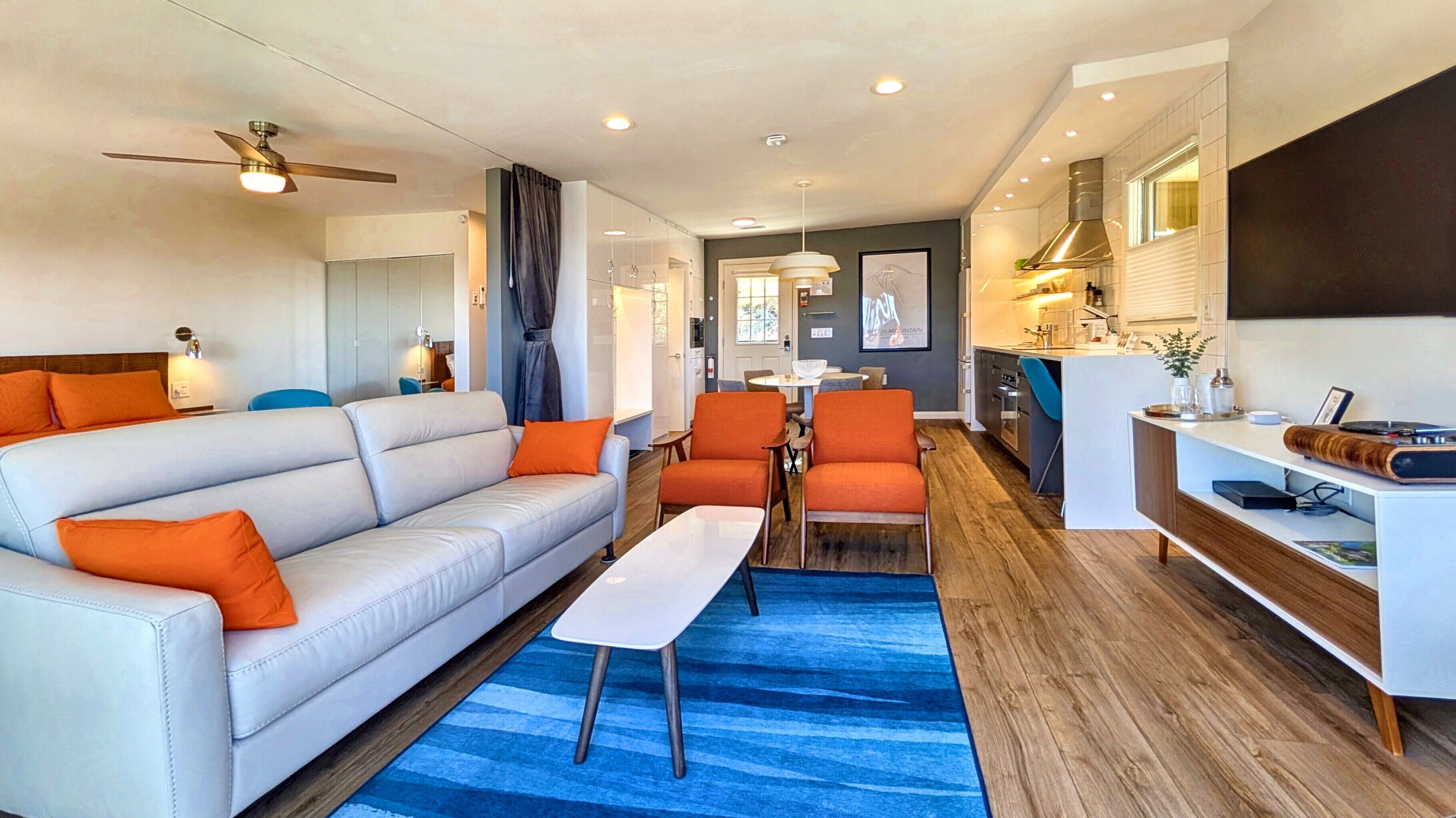 Smart TV, chimenea, libros y biblioteca musical 