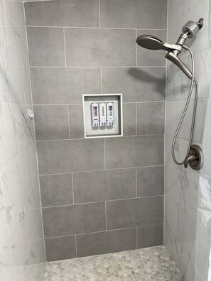Hair dryer, towels, soap, shampoo