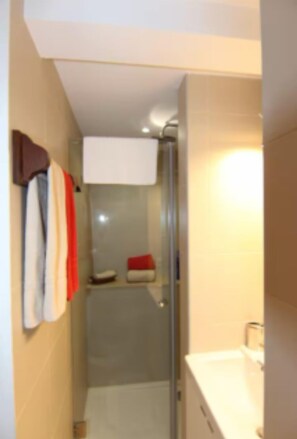 Hair dryer, towels, shampoo, toilet paper