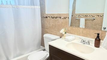 Hair dryer, towels, soap, toilet paper