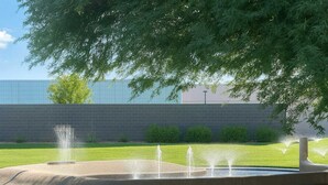 A fountain with multiple water jets in a circular basin, surrounded by grass and a tree.