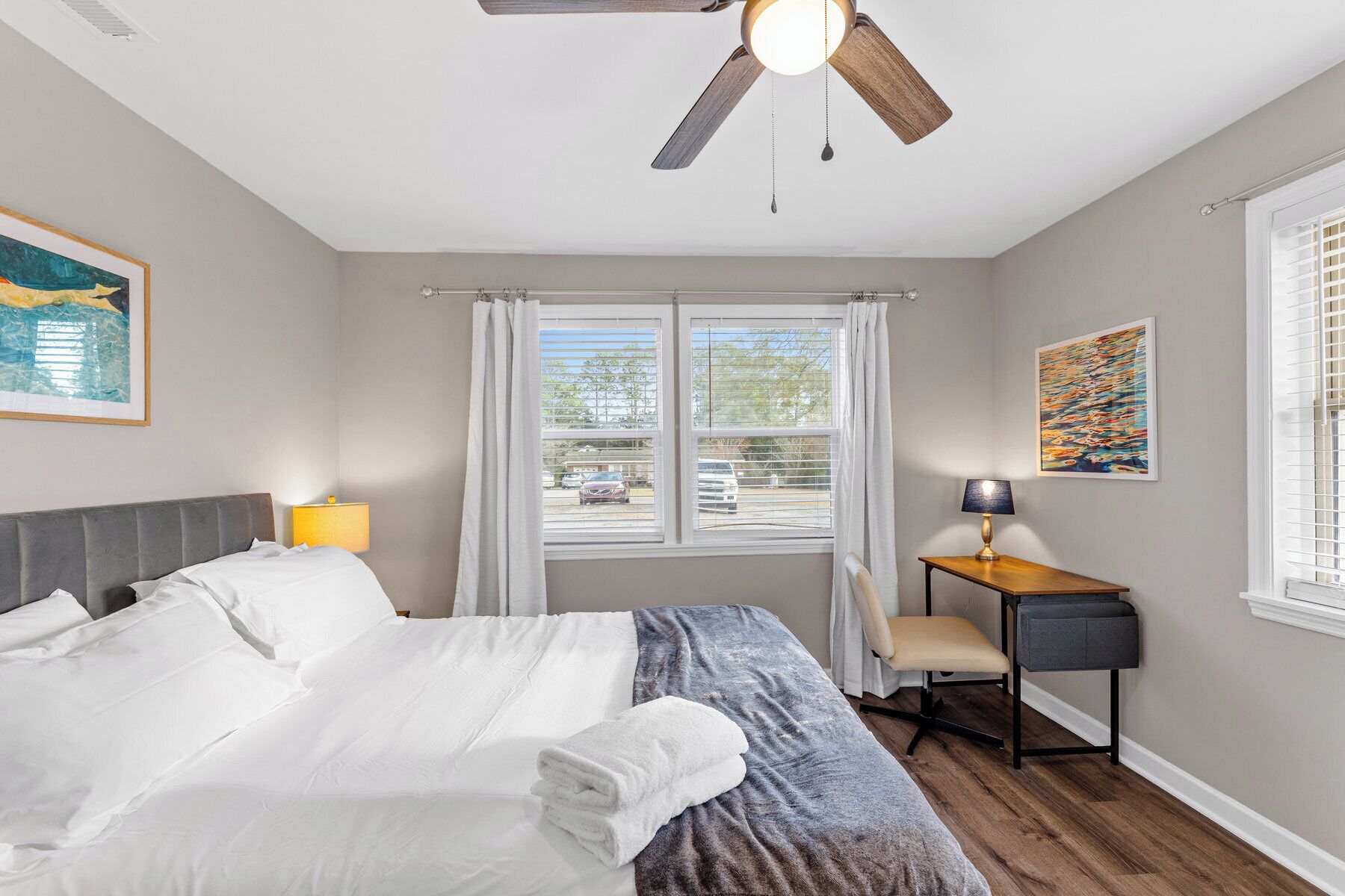 4 bedrooms, desk, iron/ironing board, travel cot