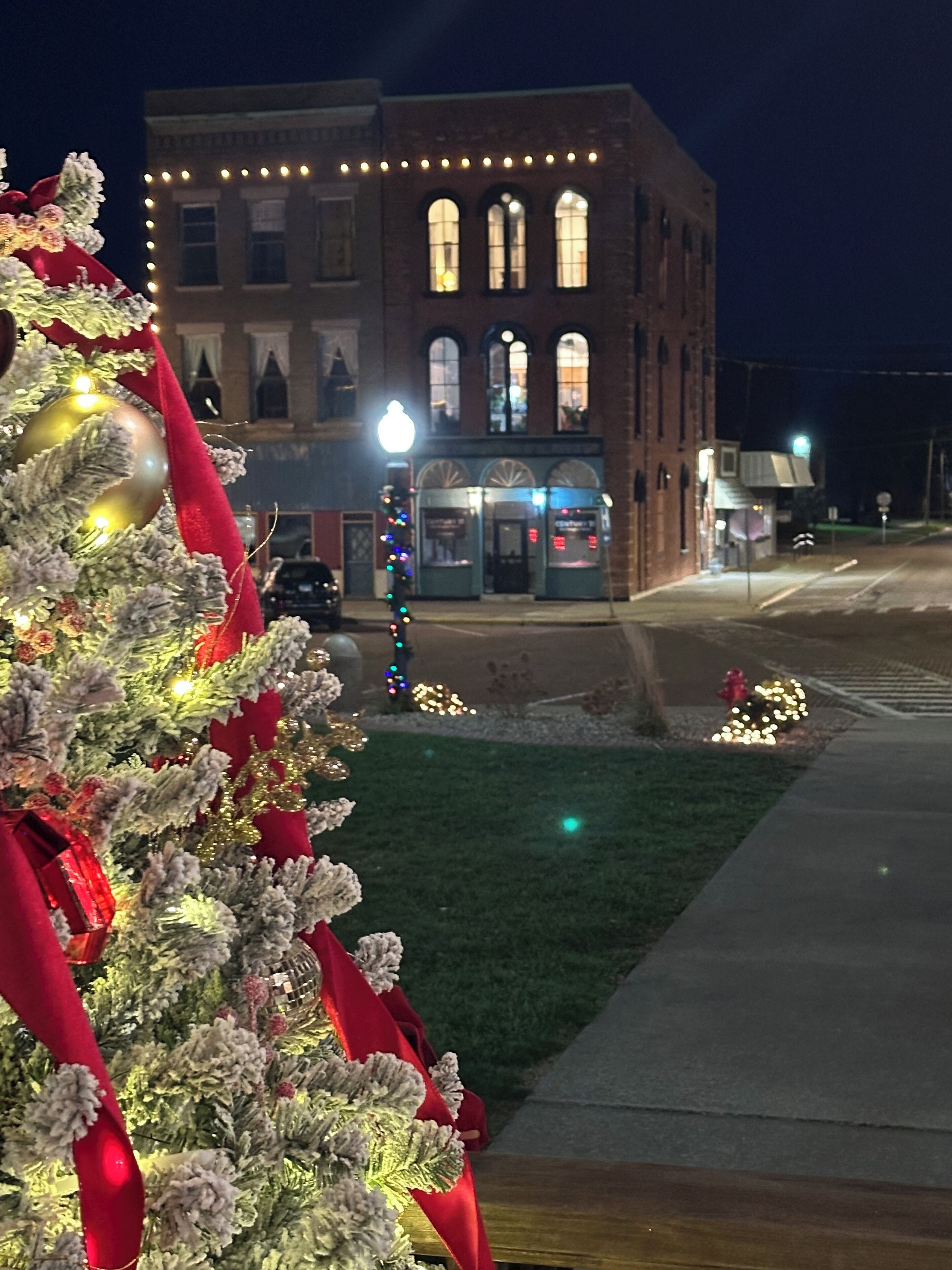 Un sapin de Noël décoré de guirlandes lumineuses et d’ornements, placé devant un bâtiment doté d’arcs en plein cintre et d’une façade en briques.