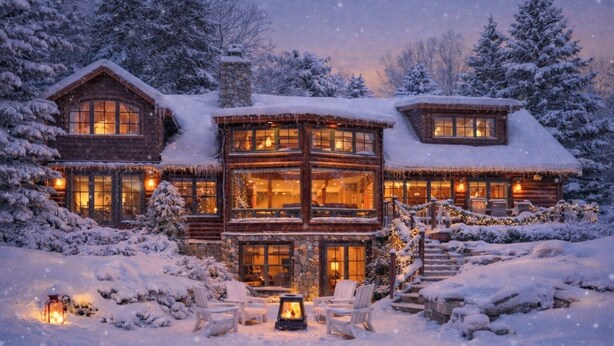 A log cabin with a stone chimney, multiple windows, and a snow-covered exterior.
