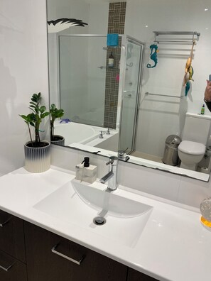 Ducha, secador de pelo, toallas, papel higiénico