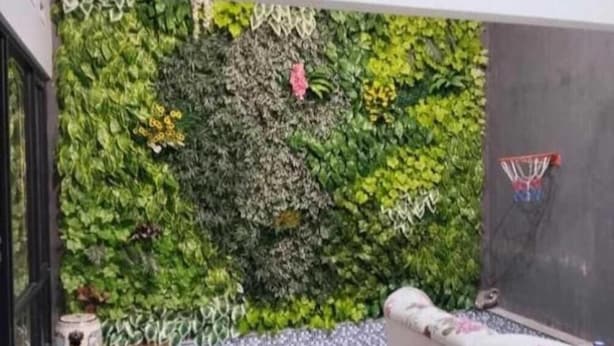 A room with a green wall, a basketball hoop, and a patterned rug. - Villa Artha (Batu)