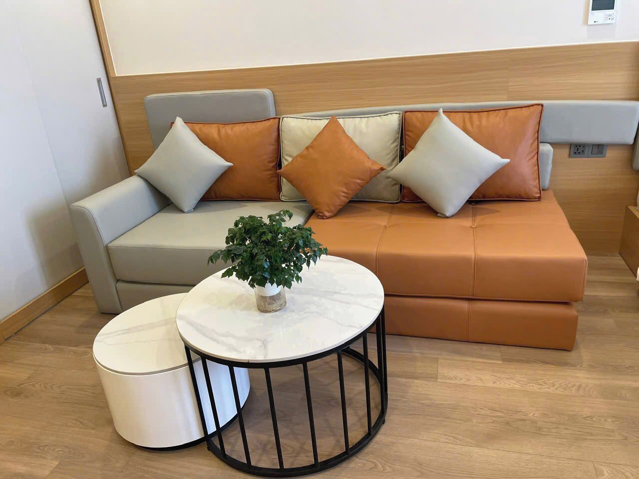 Un área de estar moderna con un sofá, un reposapiés y una pequeña mesa redonda con una planta.