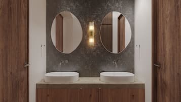 Shower, hair dryer, slippers, towels