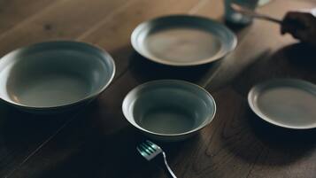 Fridge, microwave, stovetop, cookware/dishes/utensils