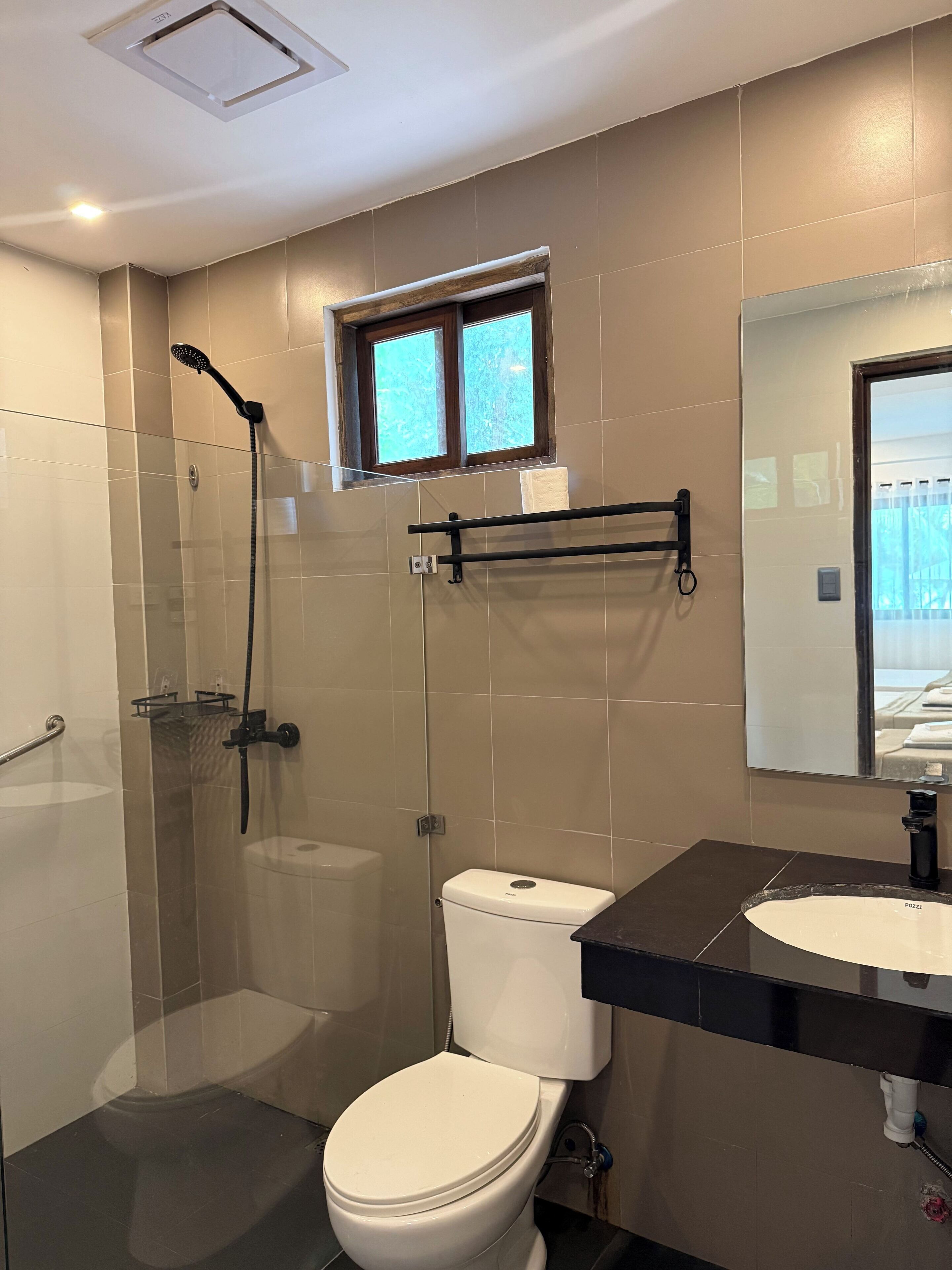 A modern bathroom with a glass-enclosed shower, a toilet, and a sink with a mirror above it.