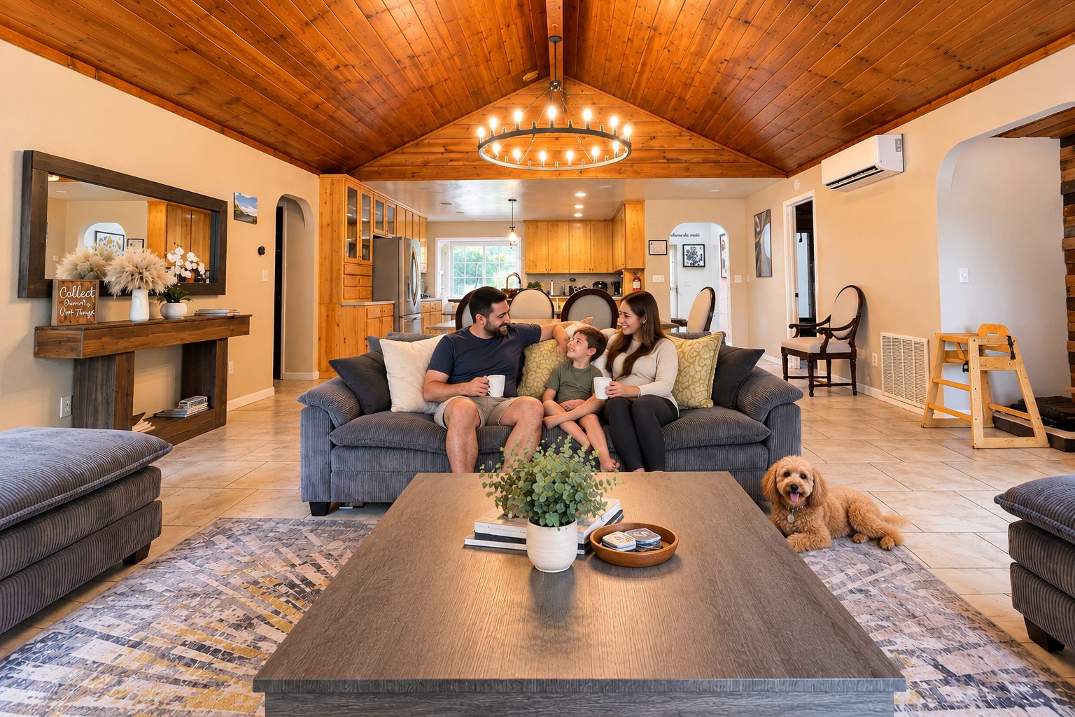 A family sitting on a grey sofa in a living room with a wooden ceiling and a chandelier.