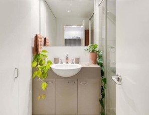 Hair dryer, towels, soap, shampoo