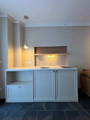Fridge, microwave, stovetop, cookware/dishes/utensils