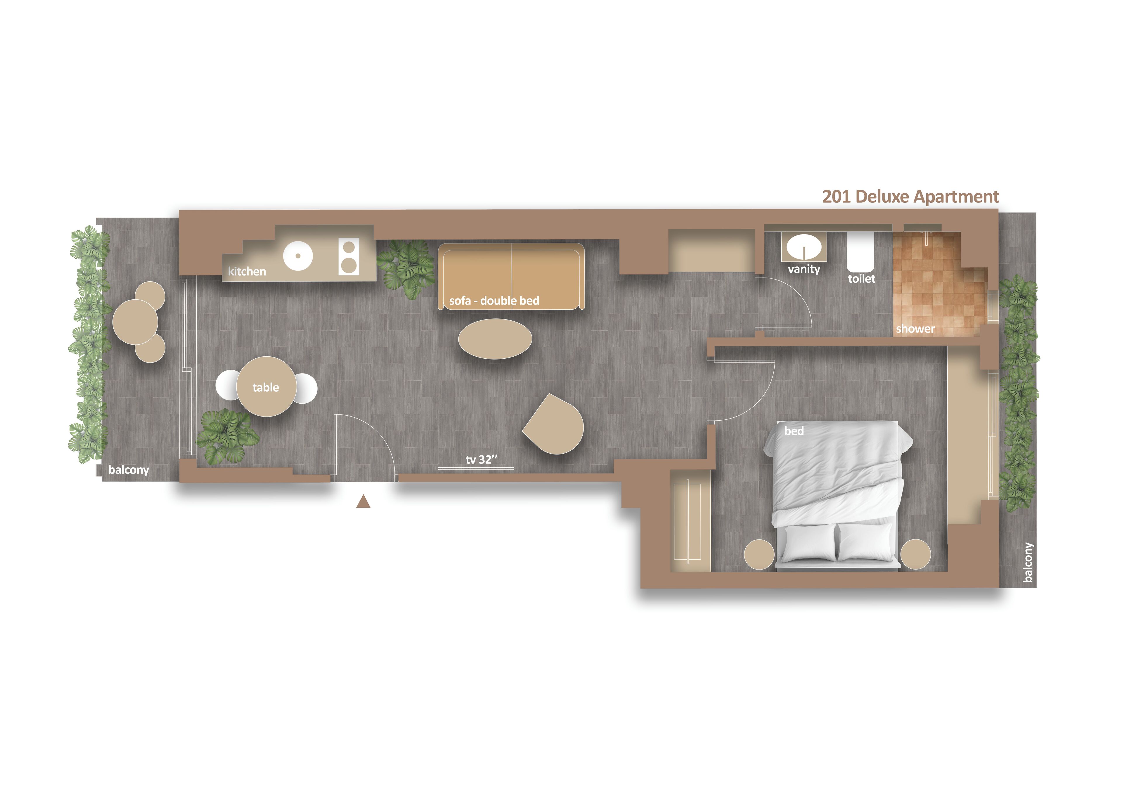 A 201 Deluxe Apartment layout with a balcony, kitchen, double bed, sofa, TV, vanity, and toilet.