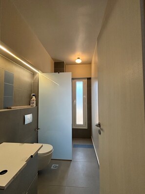 Shower, free toiletries, hair dryer, towels