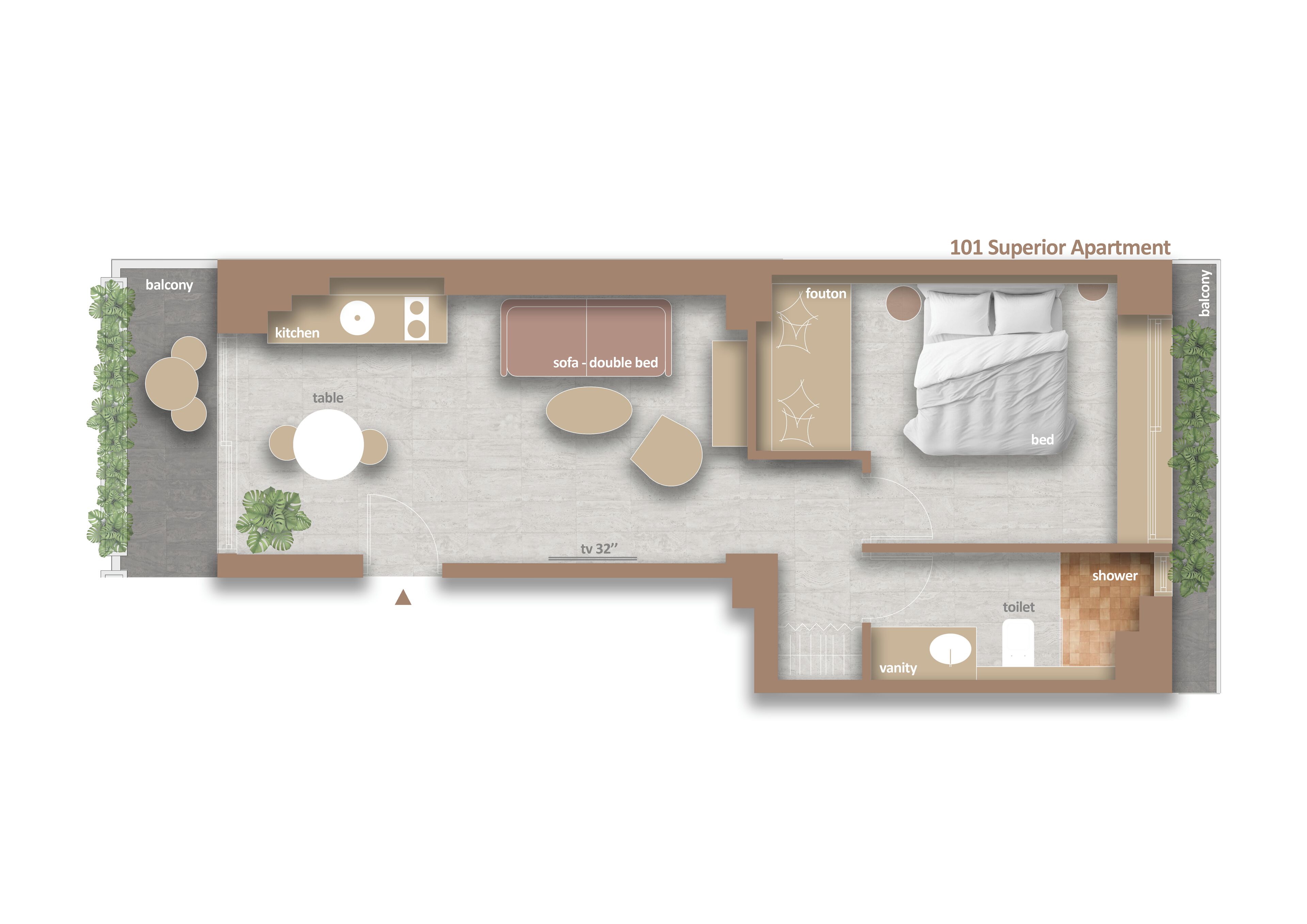 A 101 Superior Apartment layout with a balcony, kitchen, dining area, sofa, TV, vanity, shower, and toilet.