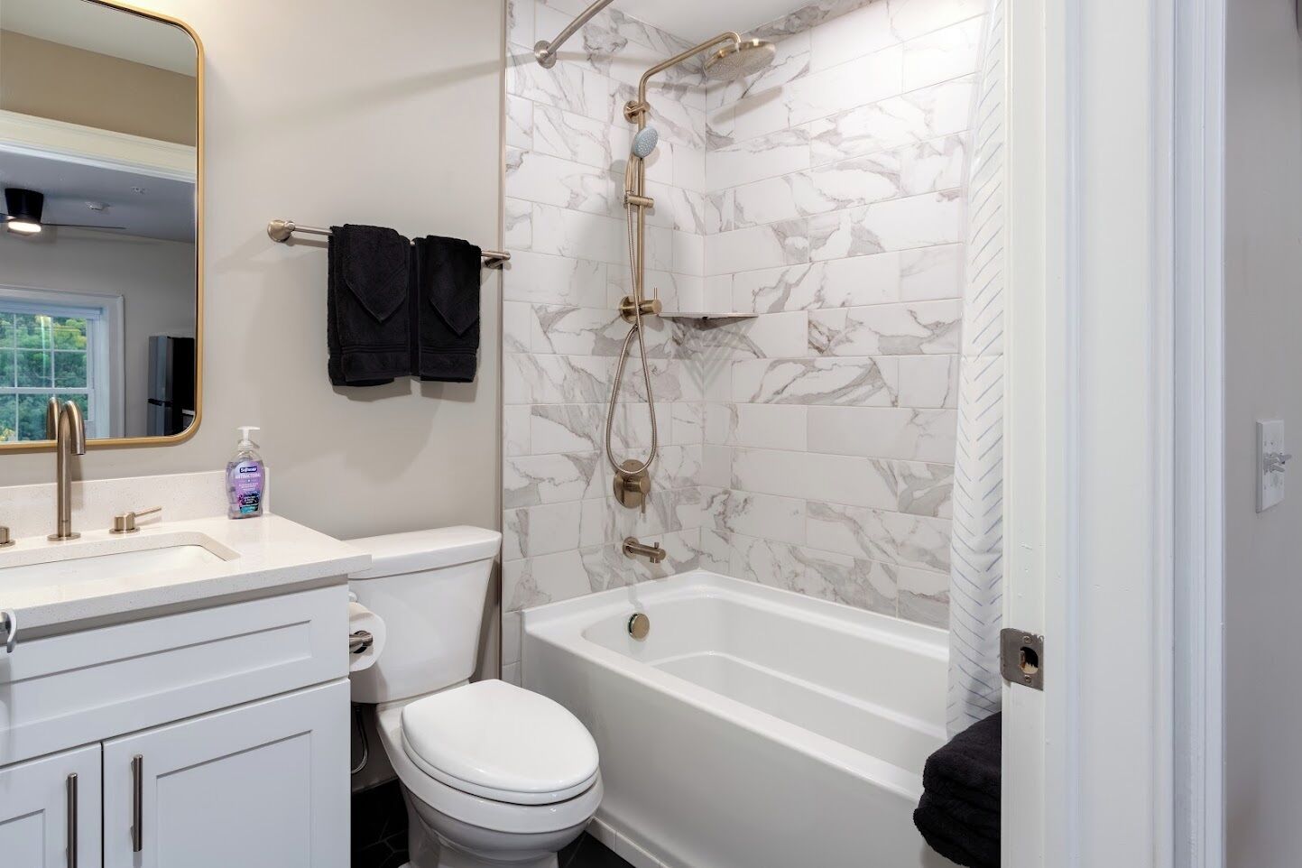 Hair dryer, towels, toilet paper