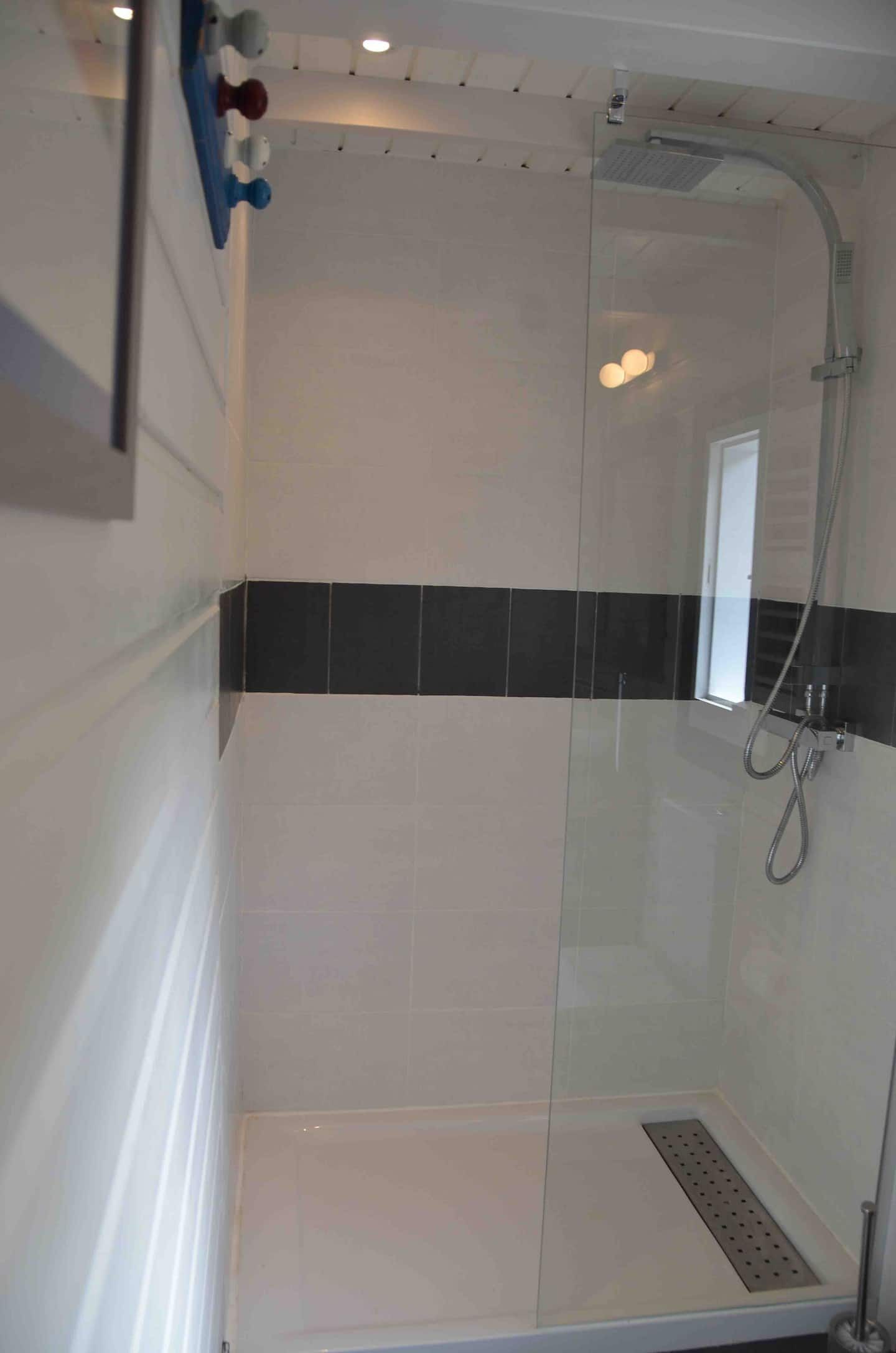 A modern shower with a glass enclosure, a handheld showerhead, and a wall-mounted control panel.