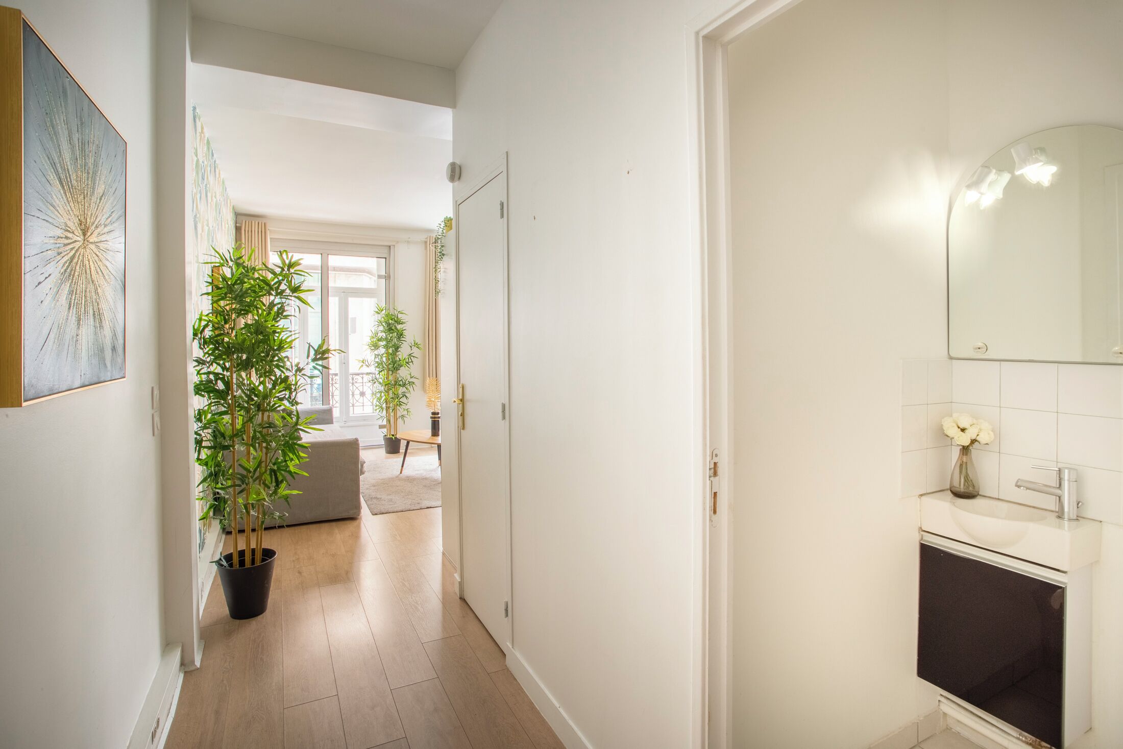 Un pasillo con una planta en maceta, una puerta blanca y un baño con espejo y lavabo.