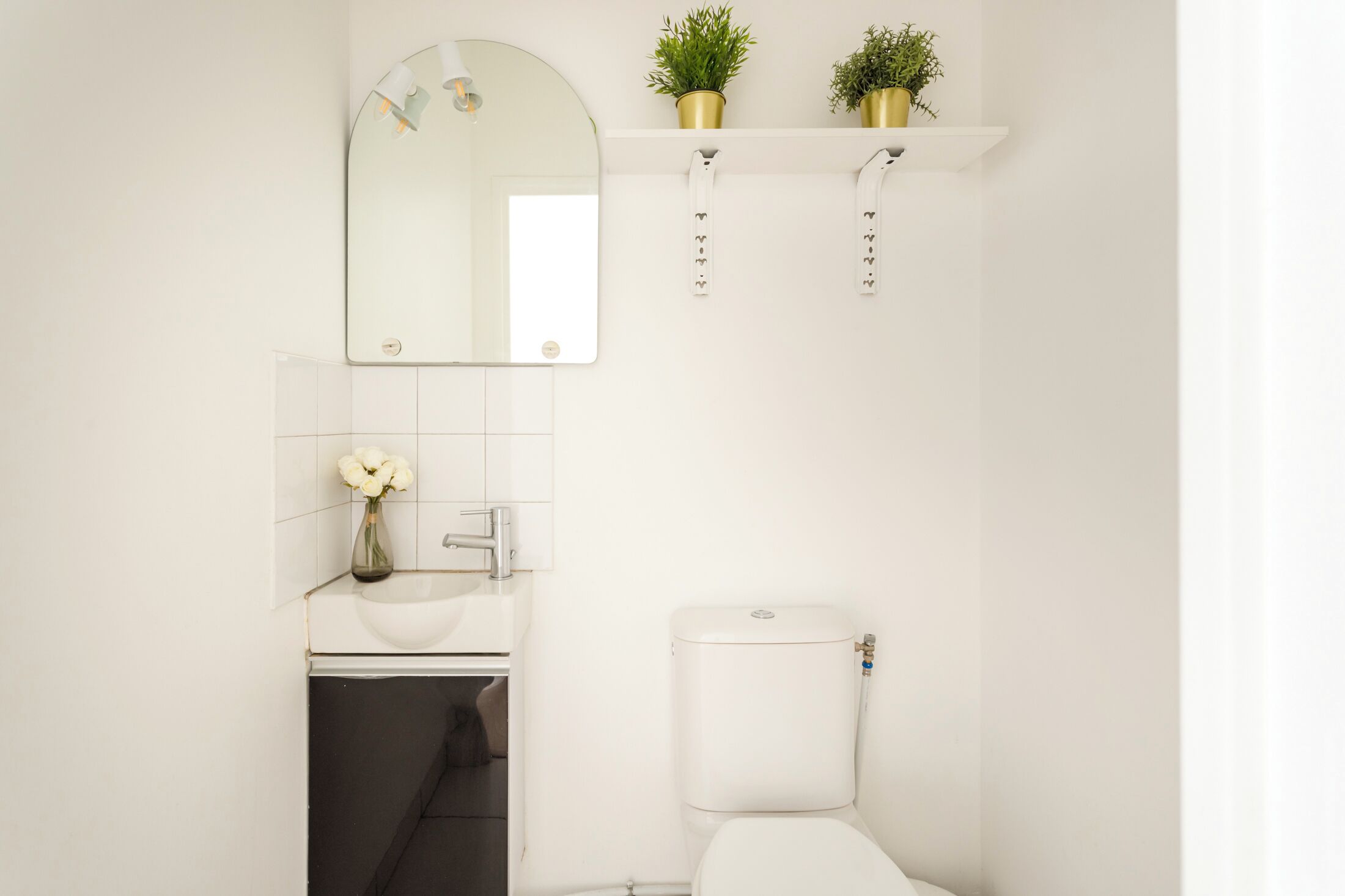 A bathroom with a white sink, mirror, toilet, and two potted plants on a shelf.
