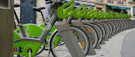 Reihig abgestellte grüne Fahrräder auf einer Pflasterstraße.
