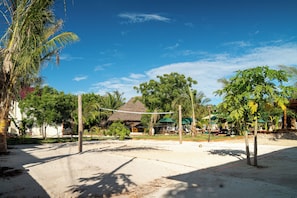 An outdoor volleyball court with a net, surrounded by palm trees and a thatched-roof building.
