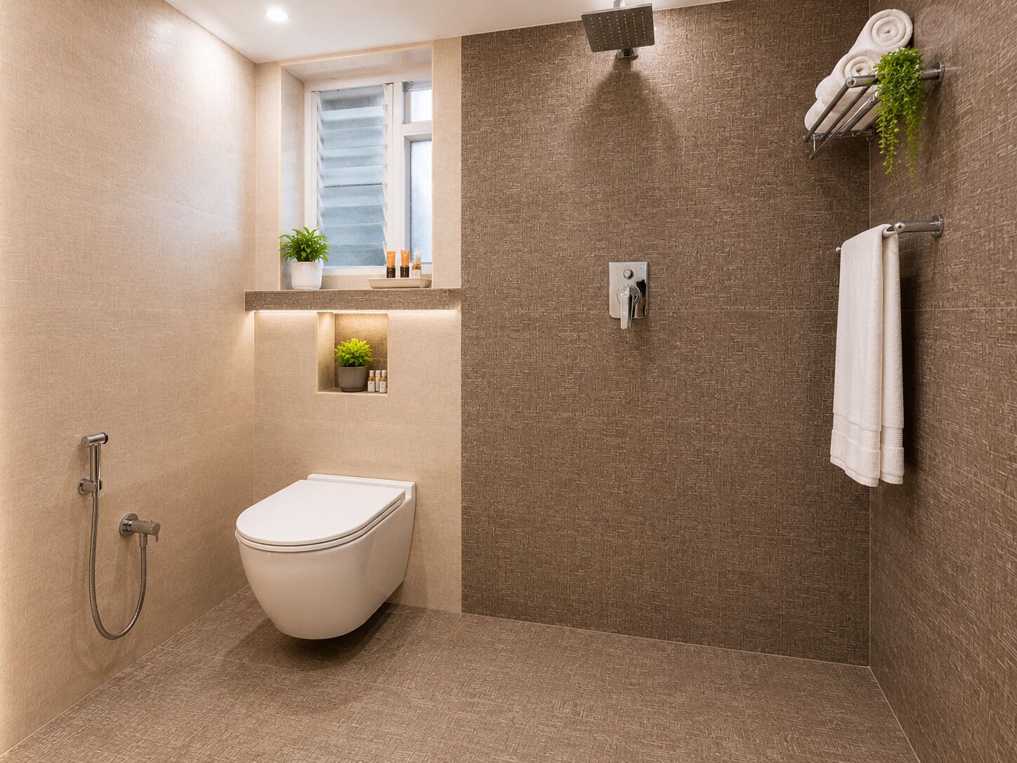 Un baño moderno con inodoro, ducha y un pequeño ventanal.