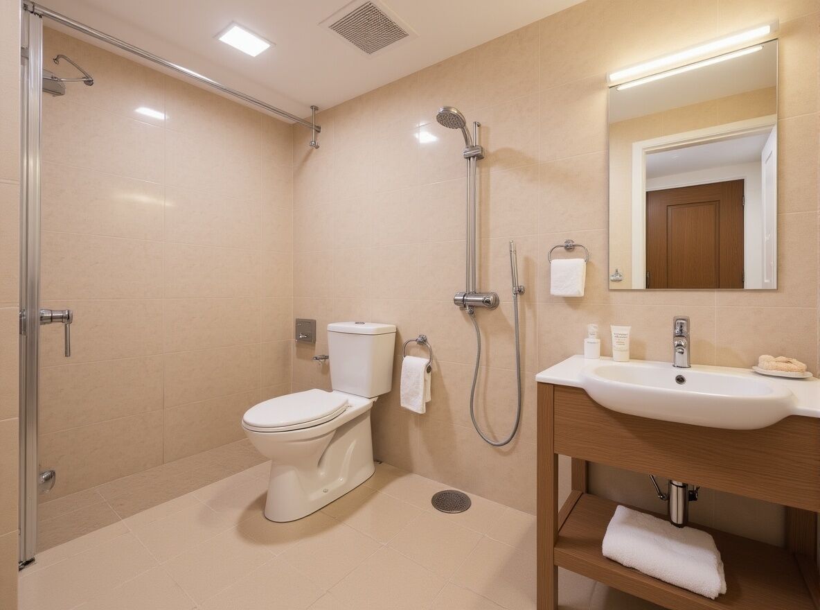 Un baño moderno con inodoro, ducha, lavamanos y espejo.