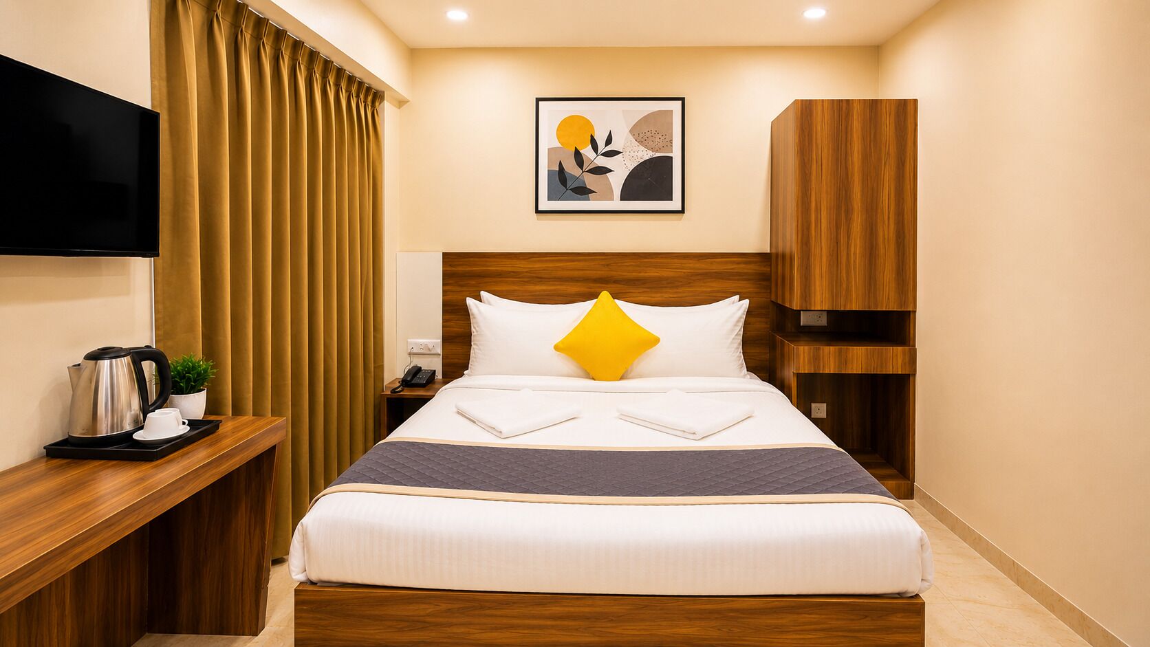 Een hotelkamer met een bed, nachtkastje met koffiezetapparaat, televisie en schilderij aan de muur.