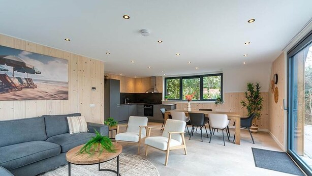 A modern living room with a sofa, chairs, a coffee table, and a painting on the wall. - Seaside Holiday Home with Garden (Groote Keeten)