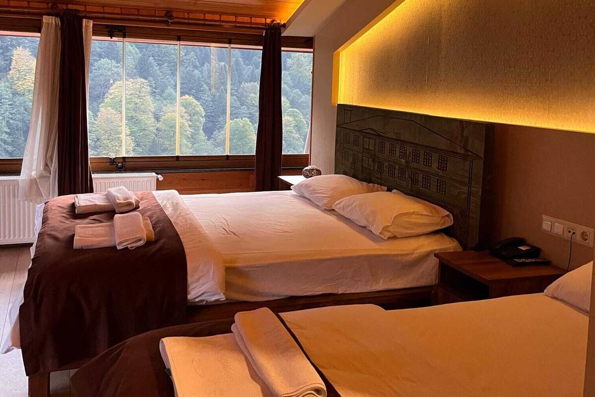 Une chambre d’hôtel avec deux lits, une grande fenêtre donnant sur la verdure et un plafond en bois.