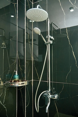 Bidet, towels, soap, toilet paper