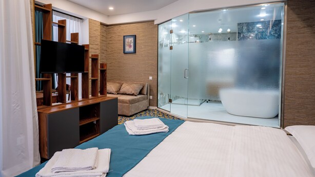 A hotel room with a bed, a TV, a sofa, a glass shower enclosure, and a wooden shelving unit. - BRB Hotel (Tbilisi)