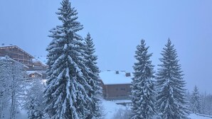 A snowy landscape with evergreen trees and a building in the background. - Alpine cocoon in Megève - charm, comfort & view (Megève)
