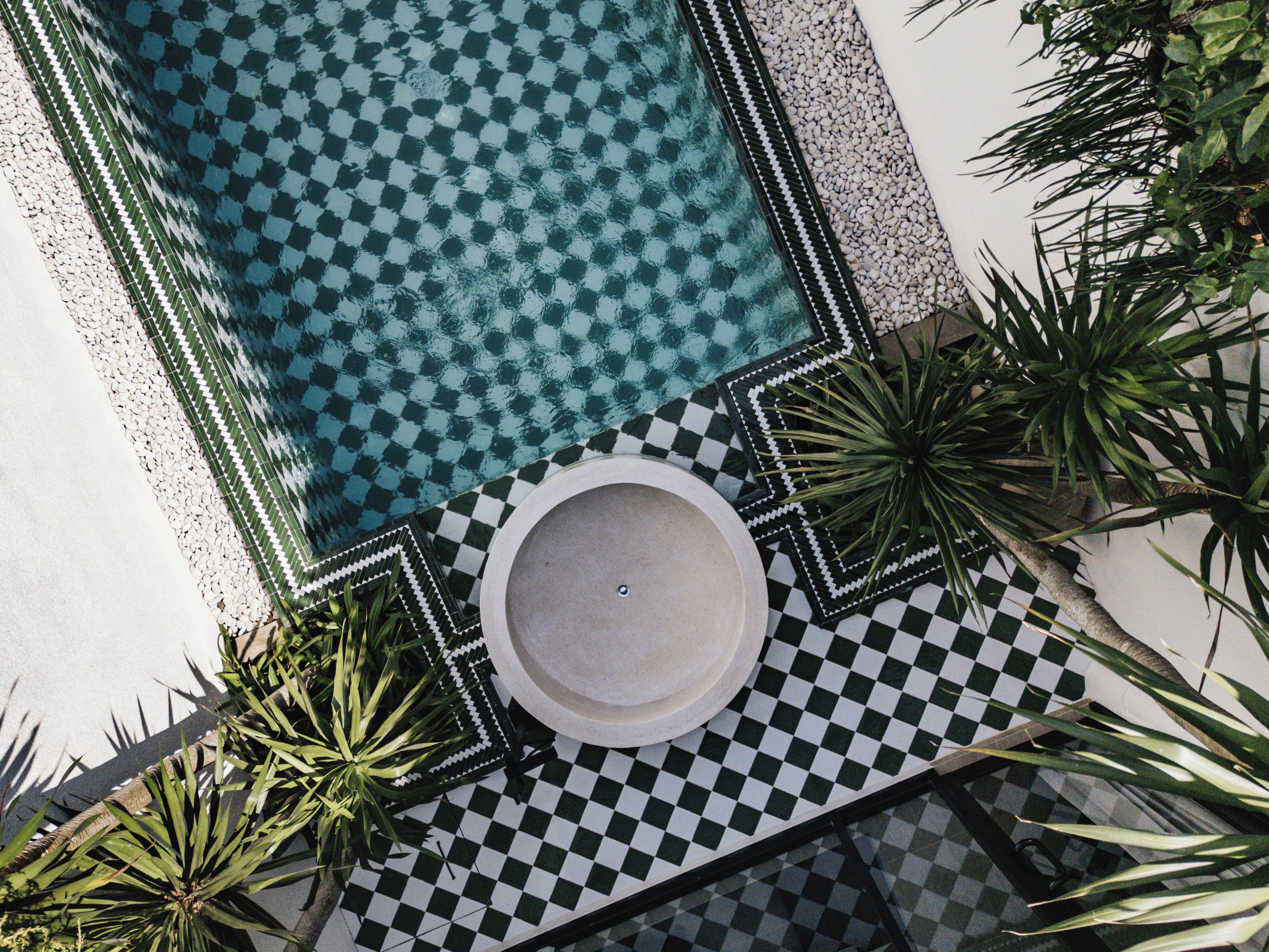 Zona de piscina con diseño a cuadros y una bañera de hidromasaje circular, rodeada de plantas y un borde de azulejos.