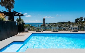 A clear blue pool with a view of the ocean, surrounded by outdoor seating and a palm tree.
