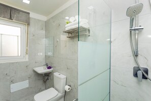 Shower, hair dryer, towels