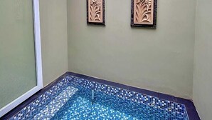 Una pequeña piscina interior con mosaicos azules y blancos, rodeada por una pared de color claro con dos paneles decorativos.