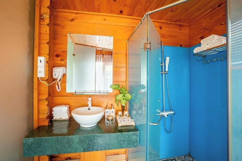 Hair dryer, slippers, towels, soap