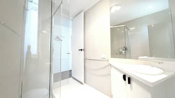 Shower, hair dryer, bidet, towels