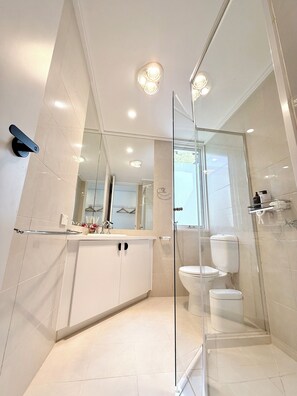 Shower, hair dryer, bidet, towels