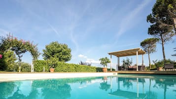 Seasonal outdoor pool, pool umbrellas, pool loungers