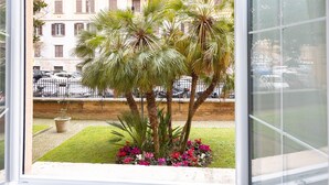 Una vista attraverso una finestra di un edificio con un piccolo giardino, con palme e fiori colorati.
