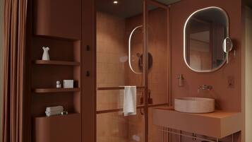 Dusche, Regendusche, Haartrockner, HandtĂŒcher